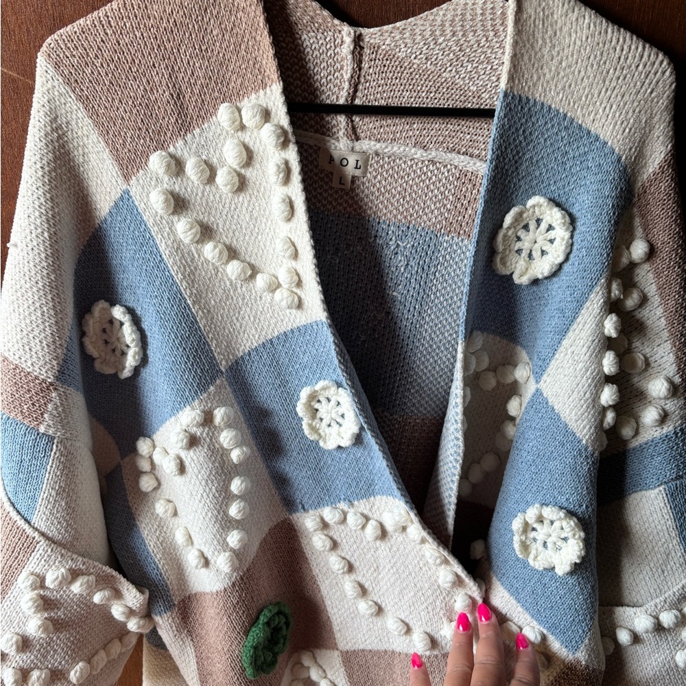 POL Patchwork Cardigan in Cream, Blue, and Brown